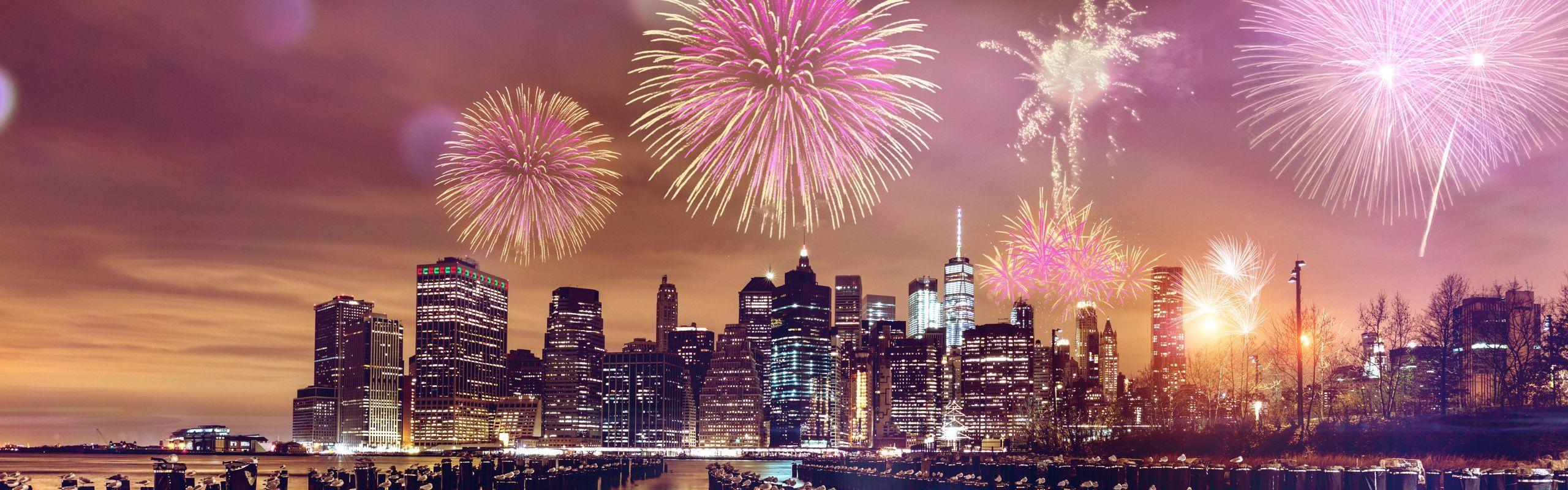 Image of New York City at night with fireworks