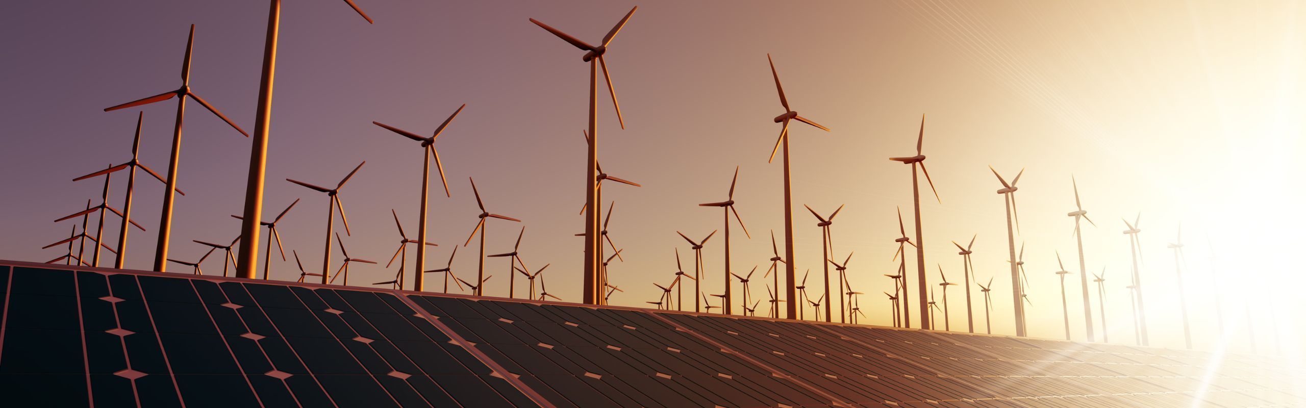 Image of wind turbines and solar panels against a sunset