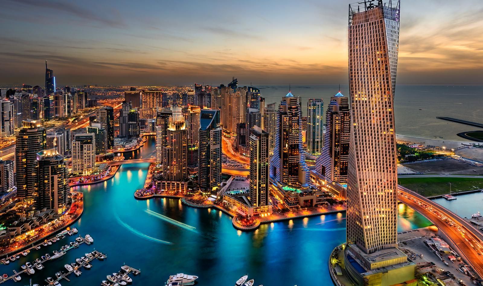 Dubai aerial skyline looking at Burj Khalifa and pond