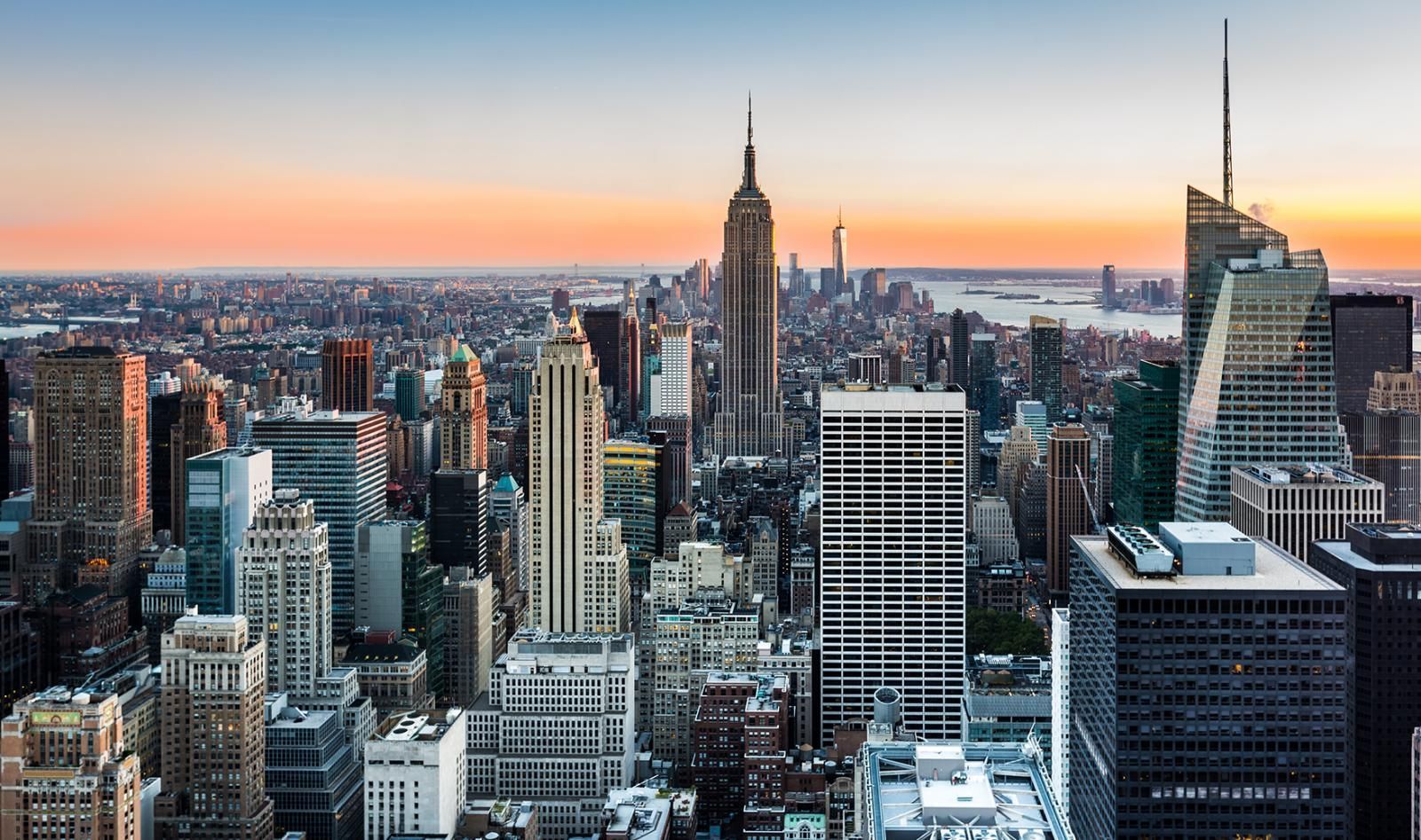 Aerial sunrise skyline of NYC with Empire State Building