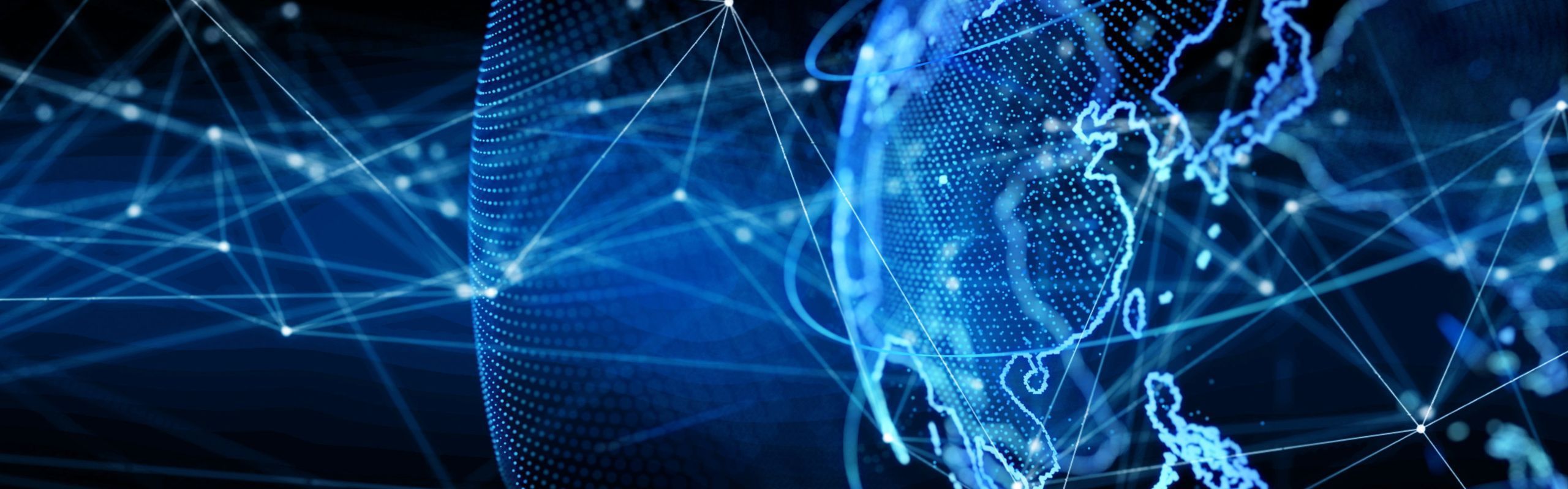 Blue and black graphic with globe and lines 