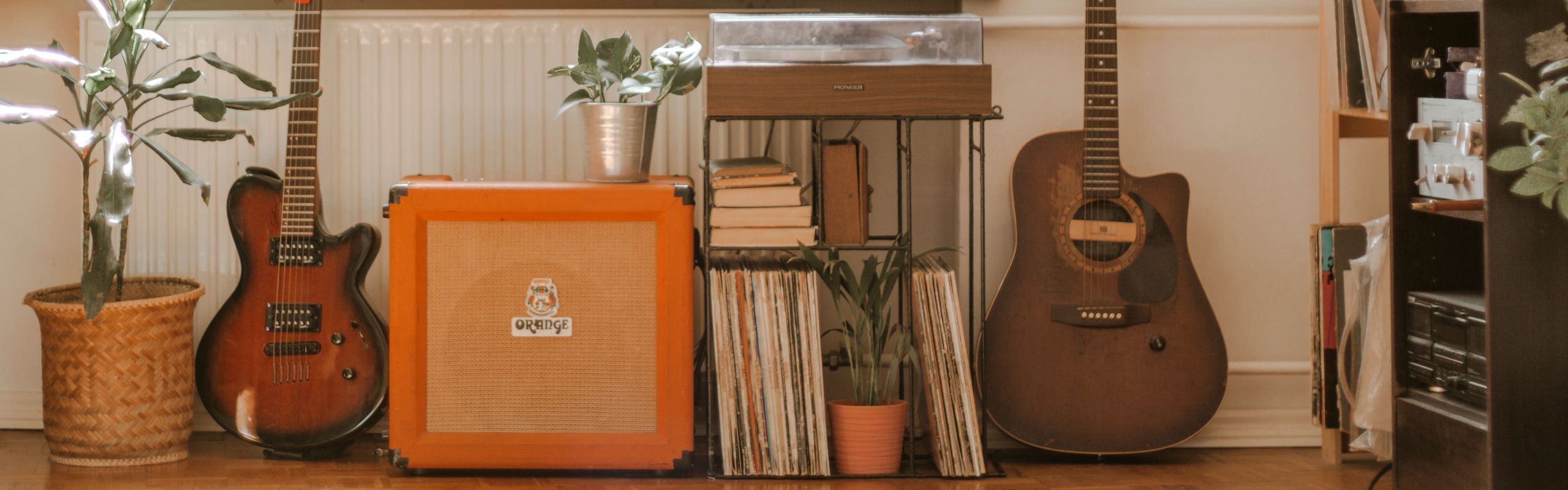 Image of guitars, plants, records and a speaker