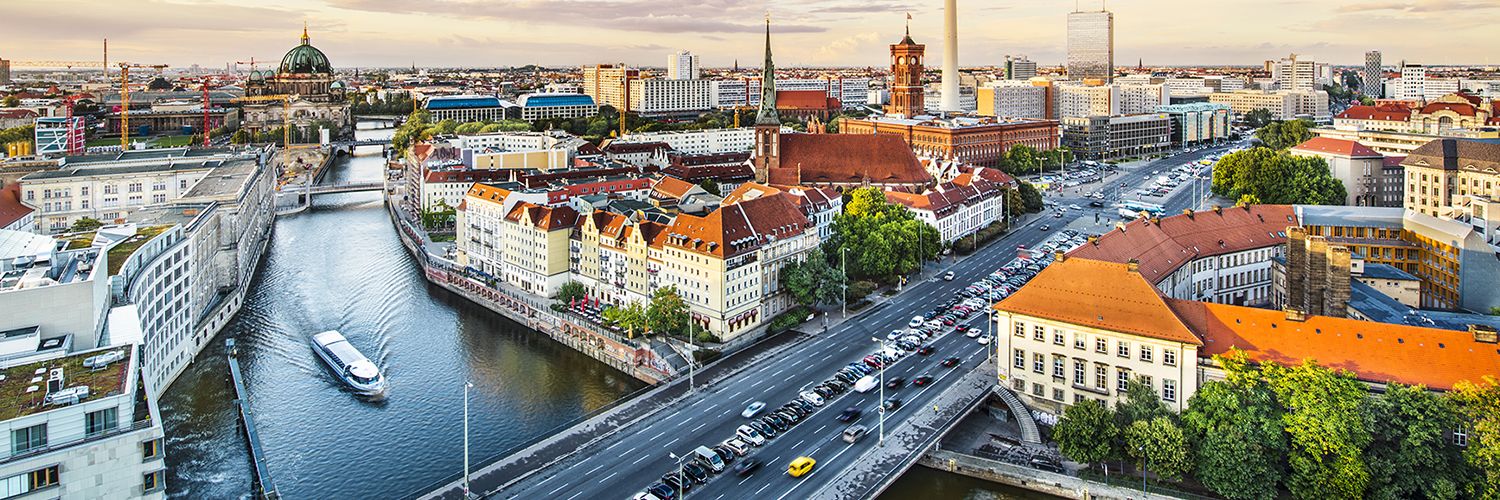 Aerial view of German city with bridge over river